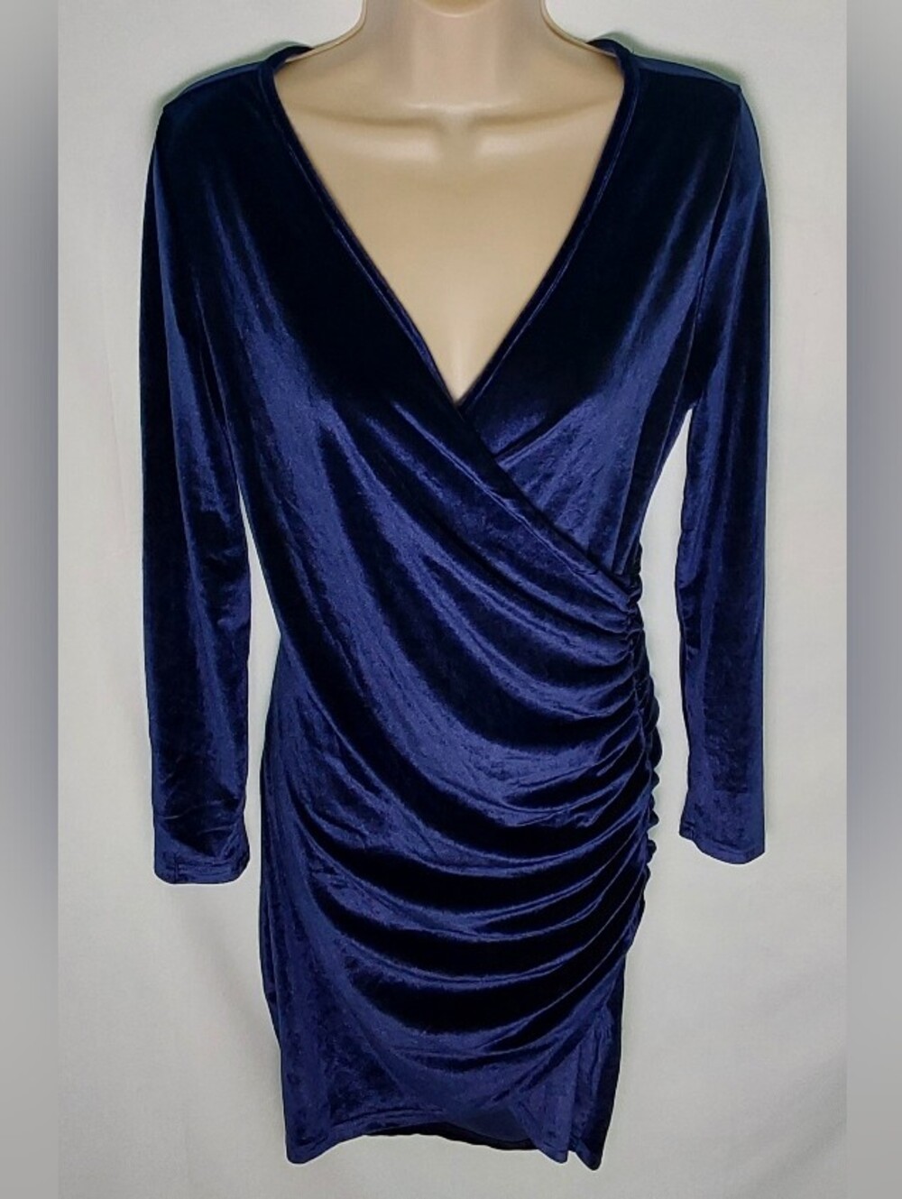 Women's Navy Blue Velvet Wrap Ruched Dress